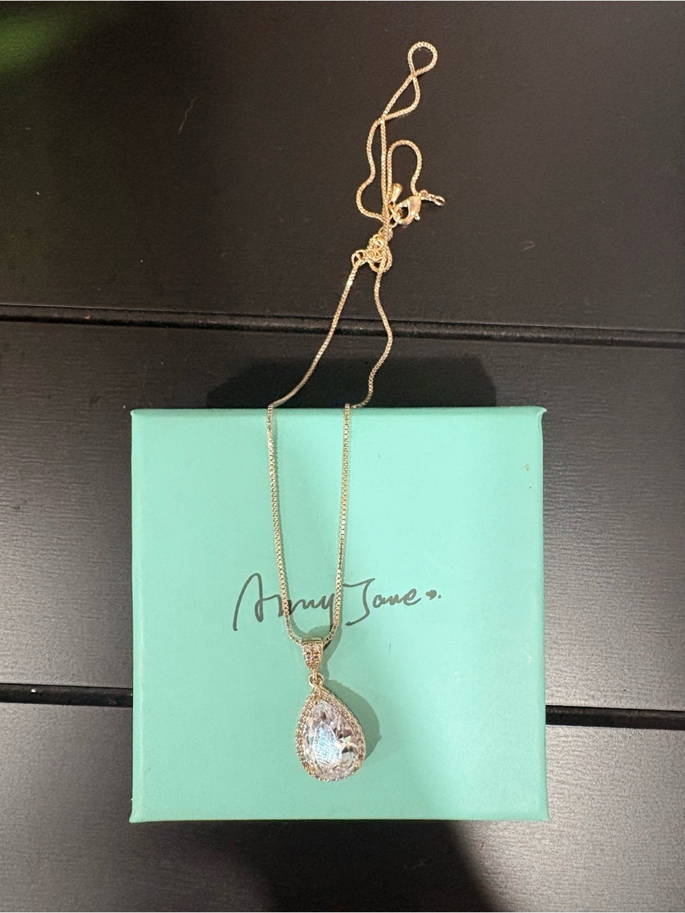 Mary Jane Gold Necklace with Clear Teardrop Pendant
